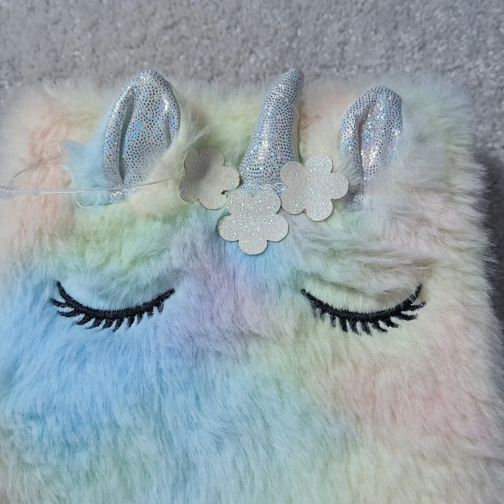 Girls Tie Dye Fuzzy Unicorn Plush With 3D Ears And Horn Lined Notebook NWOT